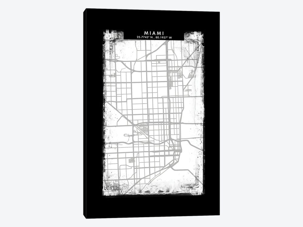 Miami City Map Black White Grey Style by WallDecorAddict 1-piece Canvas Art Print