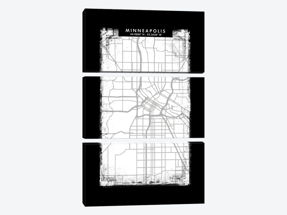 Minneapolis City Map Black White Grey Style by WallDecorAddict 3-piece Canvas Art