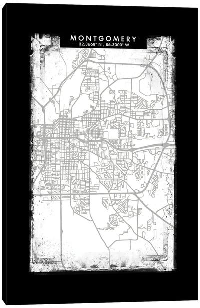 Montgomery  City Map Black White Grey Style Canvas Art Print - Alabama Art
