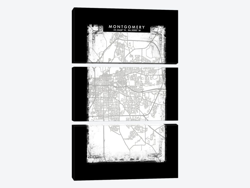 Montgomery  City Map Black White Grey Style by WallDecorAddict 3-piece Canvas Print