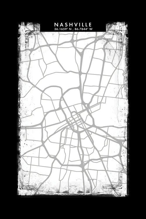 Nashville City Map Black White Grey Style