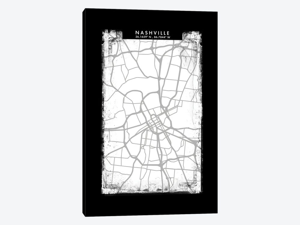Nashville City Map Black White Grey Style by WallDecorAddict 1-piece Canvas Art