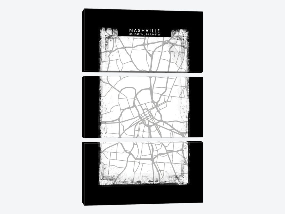 Nashville City Map Black White Grey Style by WallDecorAddict 3-piece Canvas Artwork