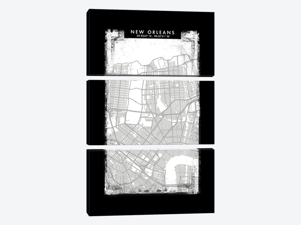 New Orleans City Map Black White Grey Style by WallDecorAddict 3-piece Canvas Art Print