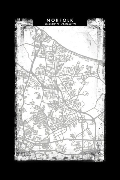 Norfolk City Map Black White Grey Style by WallDecorAddict art print