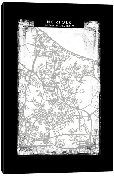 Norfolk City Map Black White Grey Style Canvas Art Print - Virginia Art