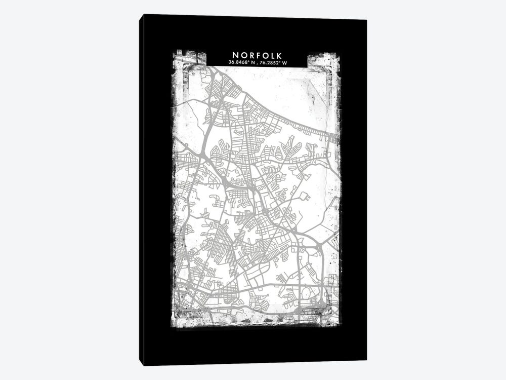 Norfolk City Map Black White Grey Style by WallDecorAddict 1-piece Canvas Art Print