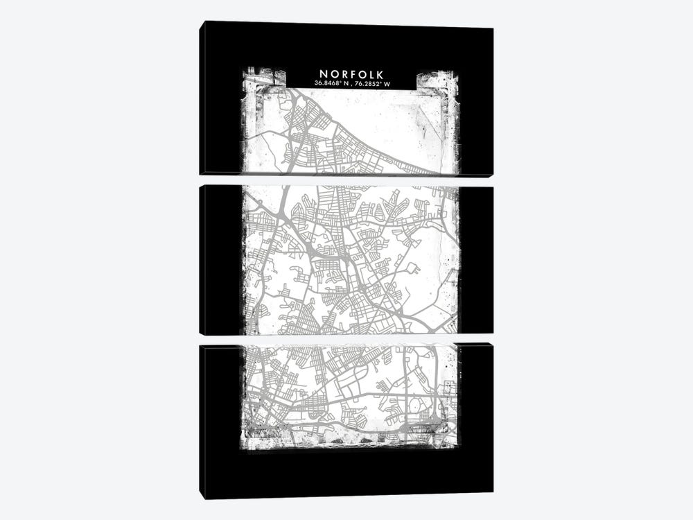 Norfolk City Map Black White Grey Style by WallDecorAddict 3-piece Art Print