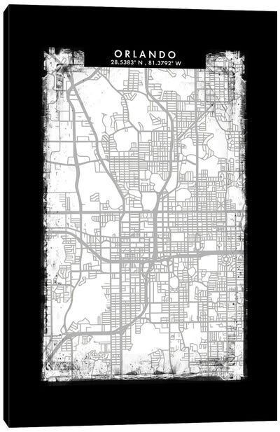 Orlando City Map Black White Grey Style Canvas Art Print - Orlando Art