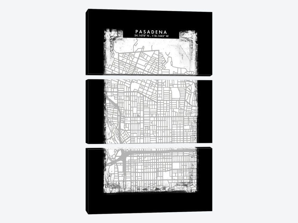 Pasadena City Map Black White Grey Style by WallDecorAddict 3-piece Canvas Artwork