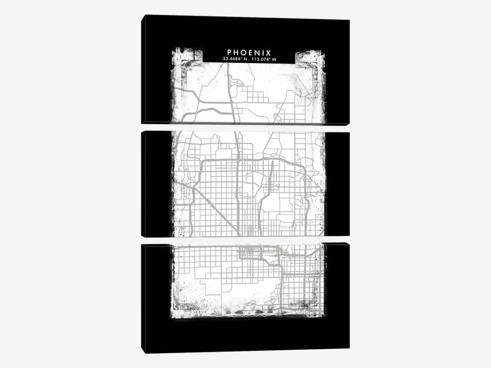 Phoenix City Map Black White Grey Style by WallDecorAddict 3-piece Canvas Print