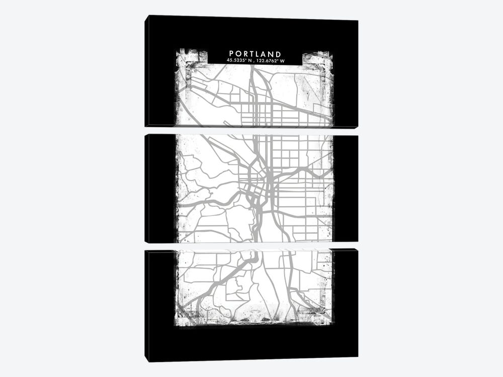 Portland City Map Black White Grey Style by WallDecorAddict 3-piece Canvas Artwork