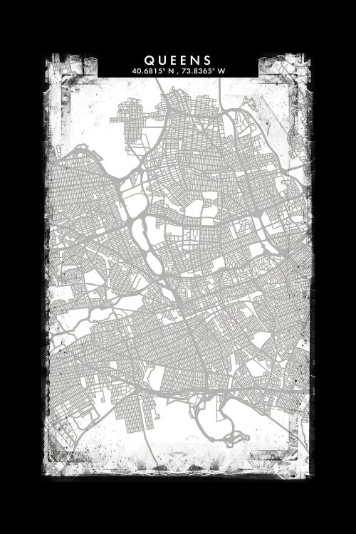 Queens City Map Black White Grey Style