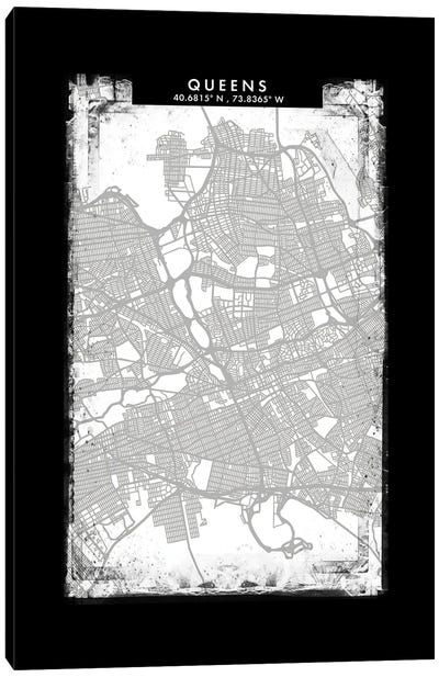 Queens City Map Black White Grey Style Canvas Art Print
