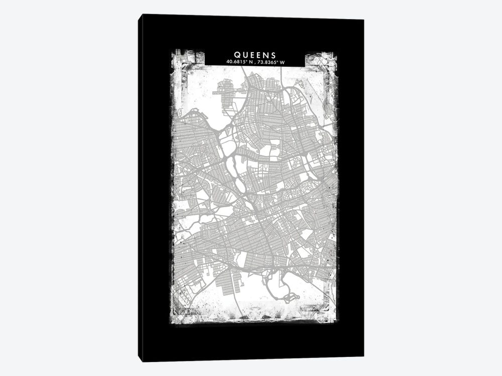 Queens City Map Black White Grey Style by WallDecorAddict 1-piece Canvas Art Print
