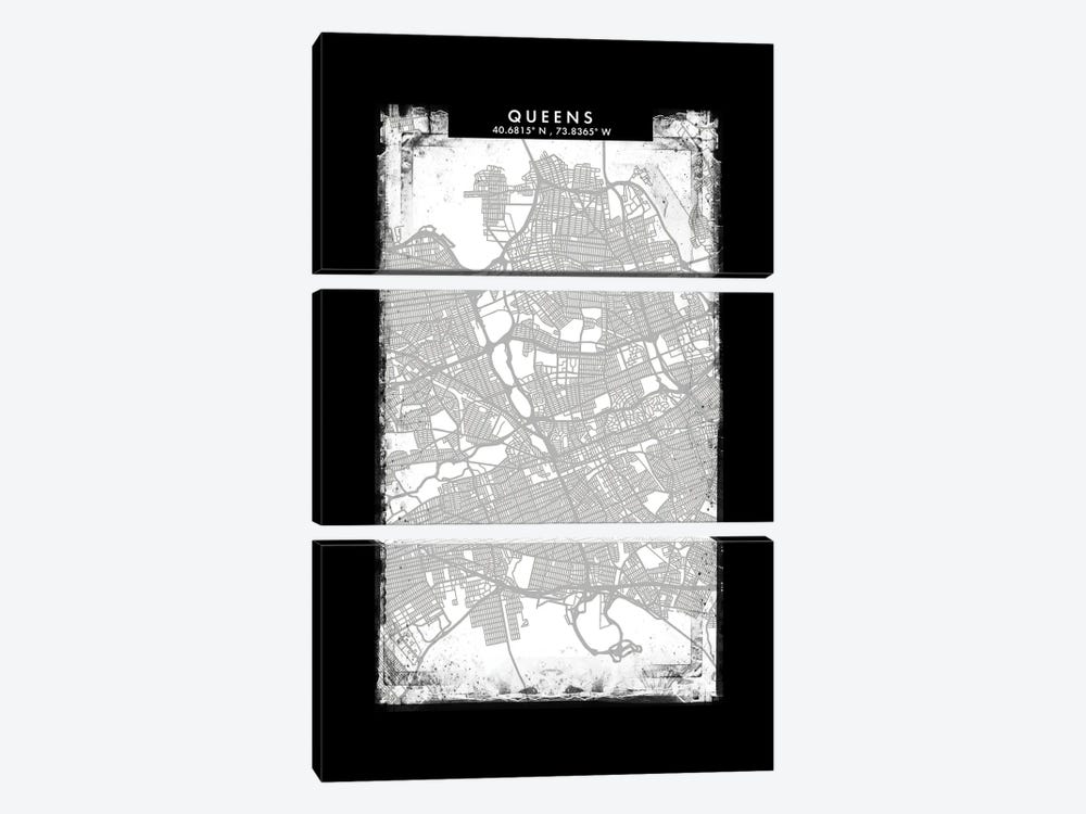 Queens City Map Black White Grey Style by WallDecorAddict 3-piece Canvas Print