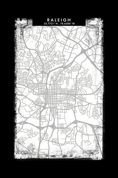 Raleigh City Map Black White Grey Style