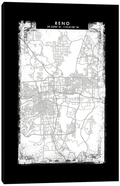 Reno, Nevada City Map Black White Grey Style Canvas Art Print