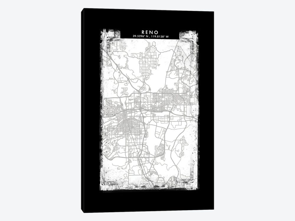 Reno, Nevada City Map Black White Grey Style by WallDecorAddict 1-piece Canvas Art Print