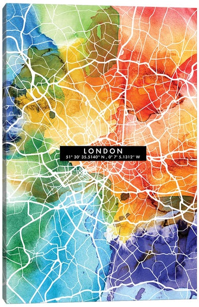 London City Map Colorful Canvas Art Print - London Maps