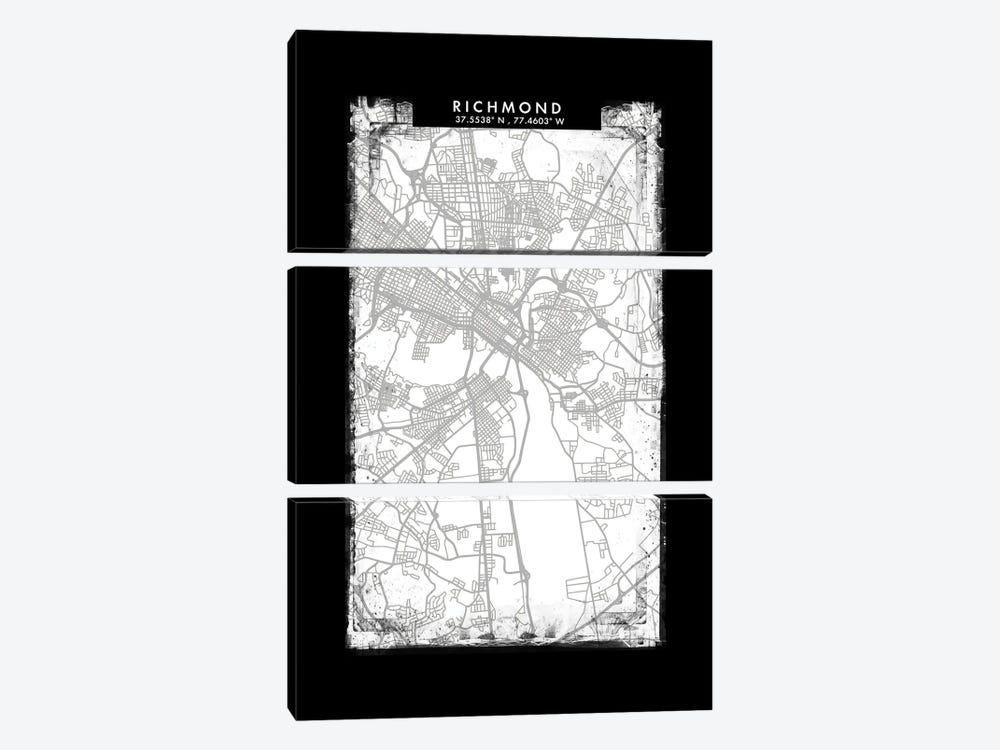 Richmond City Map Black White Grey Style by WallDecorAddict 3-piece Canvas Print