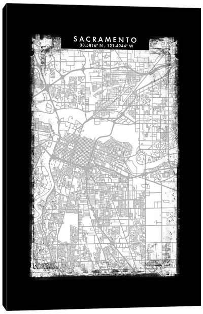Sacramento City Map Black White Grey Style Canvas Art Print - Sacramento Art