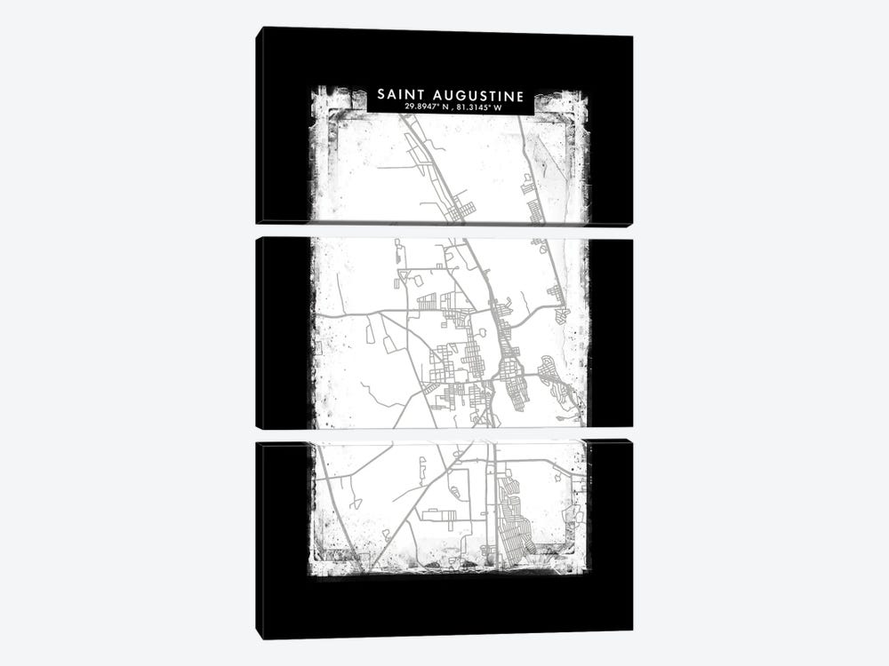 Saint Augustine City Map Black White Grey Style by WallDecorAddict 3-piece Canvas Art Print