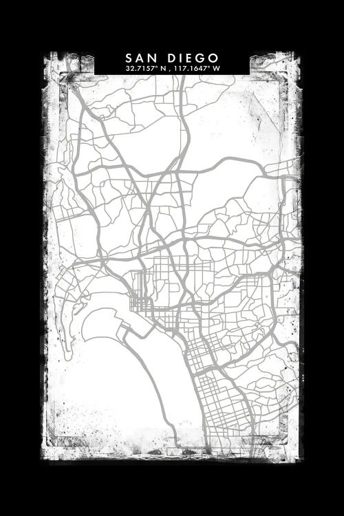 San Diego City Map Black White Grey Style