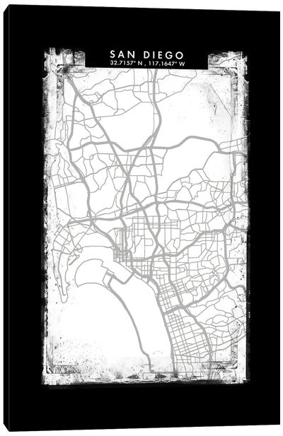 San Diego City Map Black White Grey Style Canvas Art Print - San Diego Maps