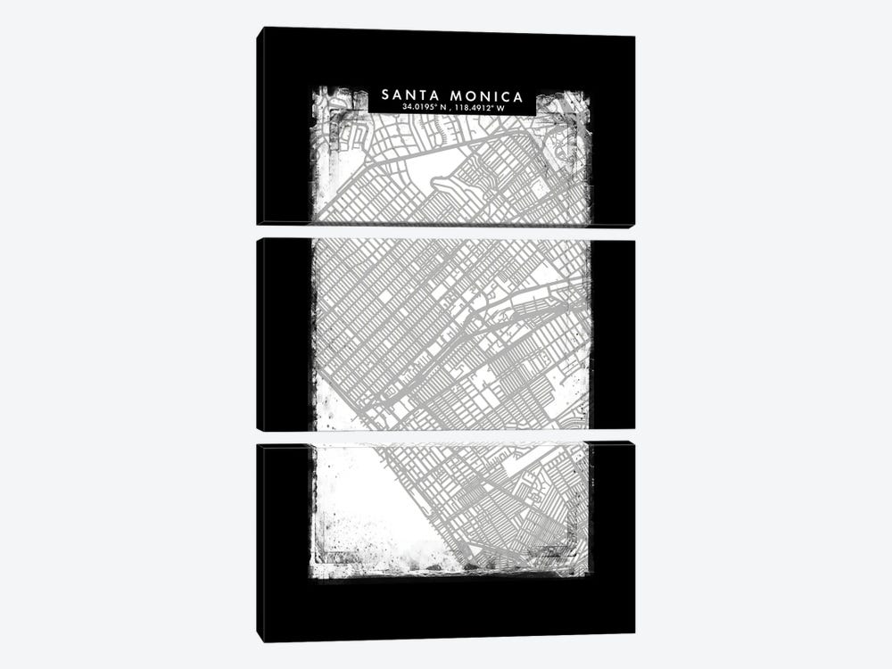 Santa Monica City Map Black White Grey Style by WallDecorAddict 3-piece Canvas Artwork