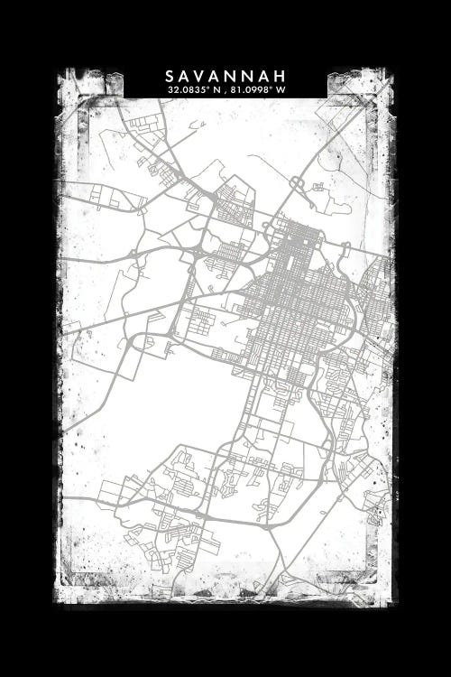 Savannah, Georgia City Map Black White Grey Style