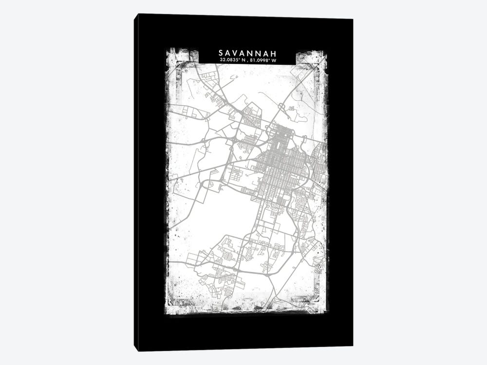 Savannah, Georgia City Map Black White Grey Style by WallDecorAddict 1-piece Canvas Print