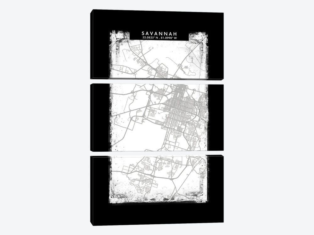 Savannah, Georgia City Map Black White Grey Style by WallDecorAddict 3-piece Canvas Print