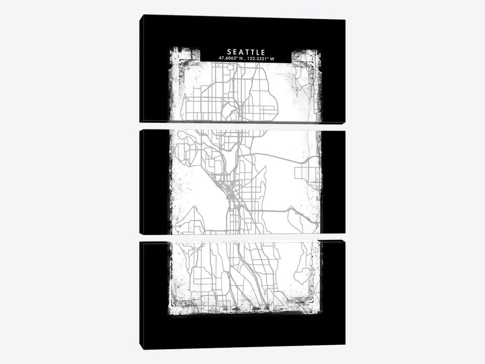 Seattle City Map Black White Grey Style by WallDecorAddict 3-piece Canvas Wall Art