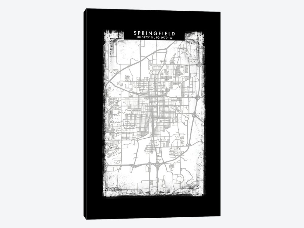 Springfield, Illinois City Map Black White Grey Style by WallDecorAddict 1-piece Canvas Art