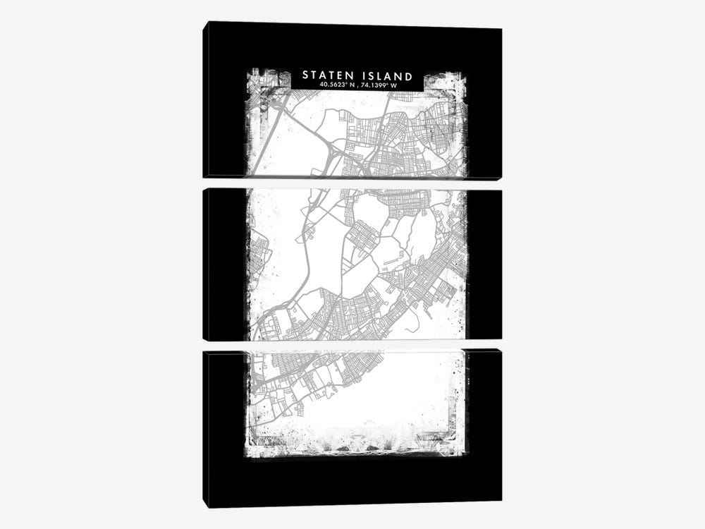 Staten Island, New York City Map Black White Grey Style by WallDecorAddict 3-piece Canvas Print