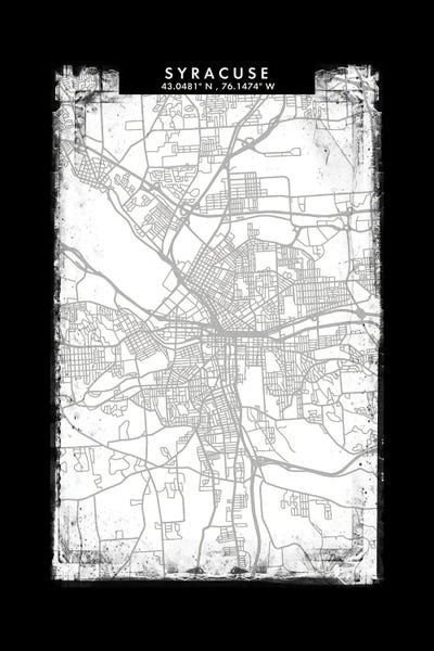 Syracuse City Map Black White Grey Style by WallDecorAddict framed canvas print