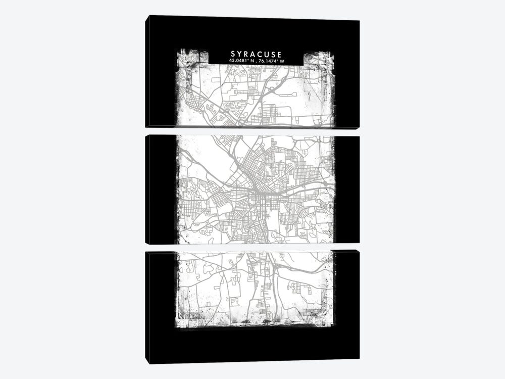 Syracuse City Map Black White Grey Style by WallDecorAddict 3-piece Canvas Print