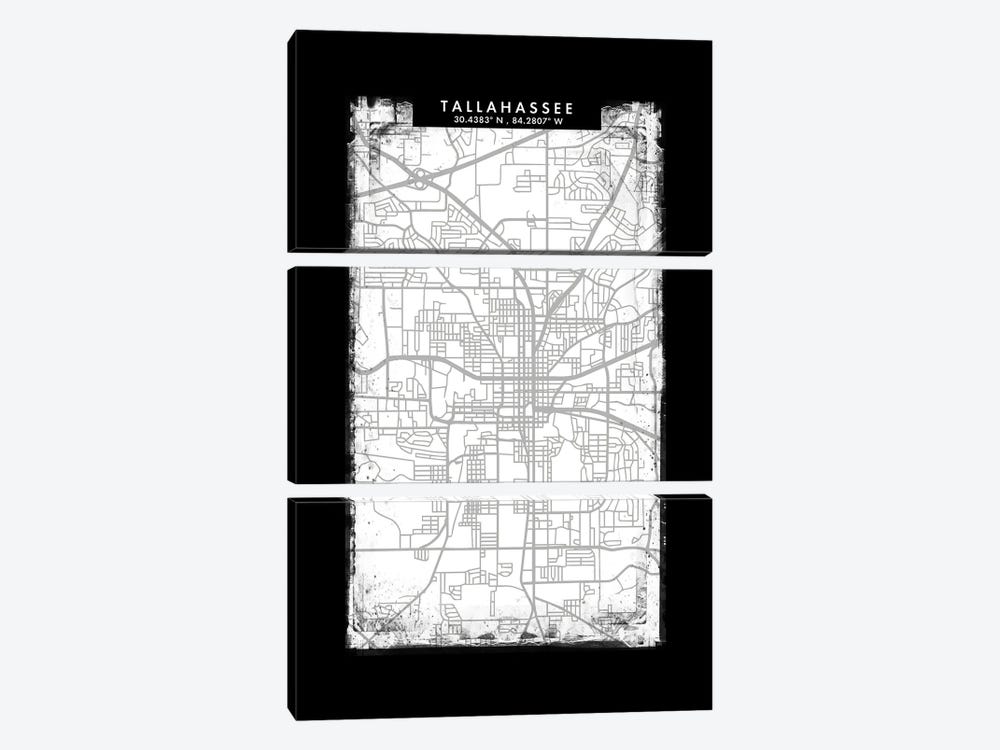 Tallahassee, Florida City Map Black White Grey Style by WallDecorAddict 3-piece Canvas Art