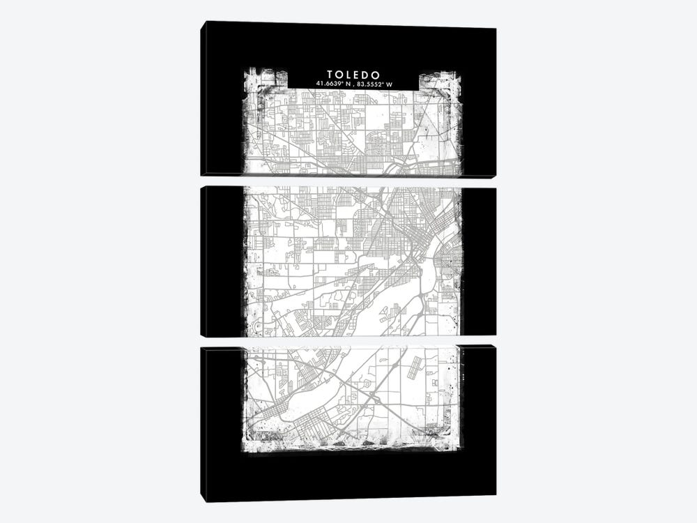 Toledo City Map Black White Grey Style by WallDecorAddict 3-piece Canvas Art Print