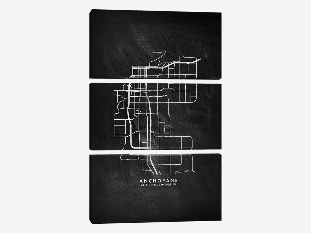 Anchorage City Map Chalkboard Style by WallDecorAddict 3-piece Canvas Print