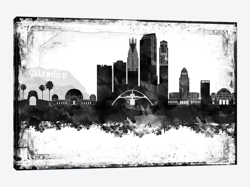 Los Angeles Black And White Framed Skylines by WallDecorAddict 1-piece Canvas Wall Art
