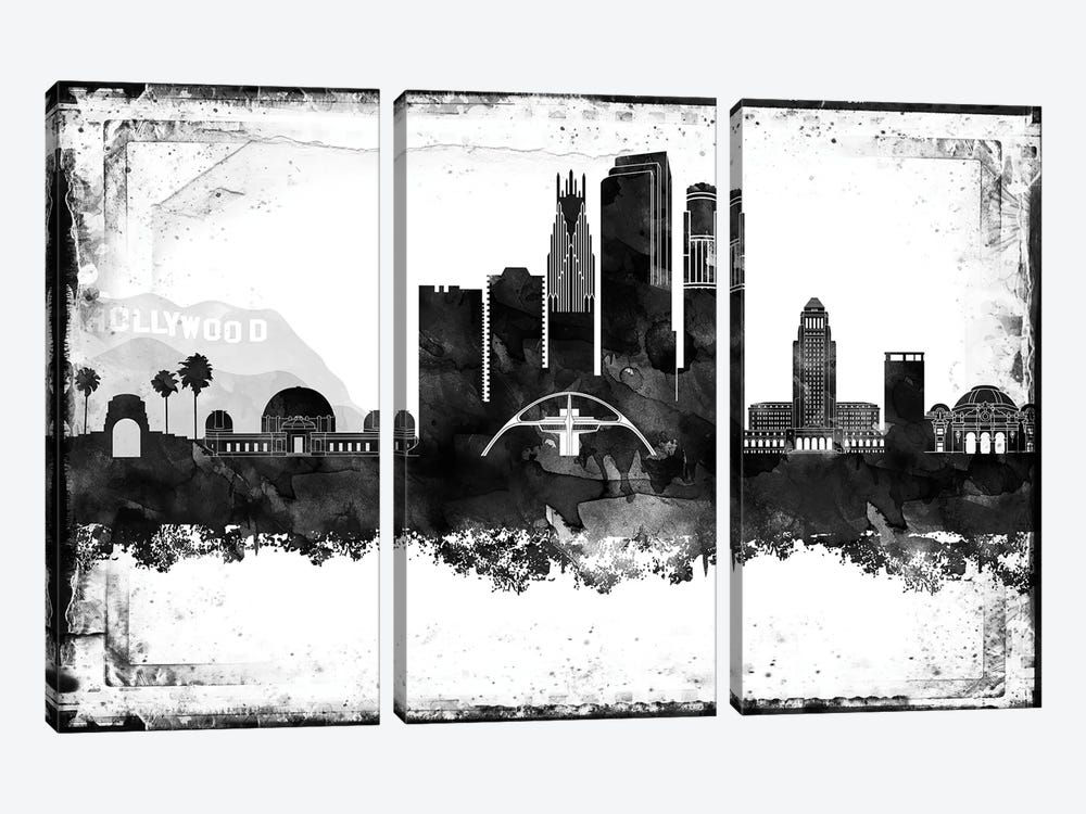 Los Angeles Black And White Framed Skylines by WallDecorAddict 3-piece Canvas Wall Art