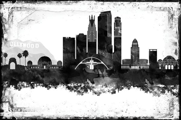 Los Angeles Skylines: Los Angeles Black And White Framed Skylines by WallDecorAddict