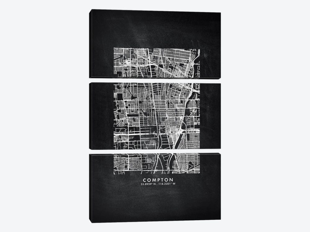 Compton City Map Chalkboard Style by WallDecorAddict 3-piece Canvas Art Print