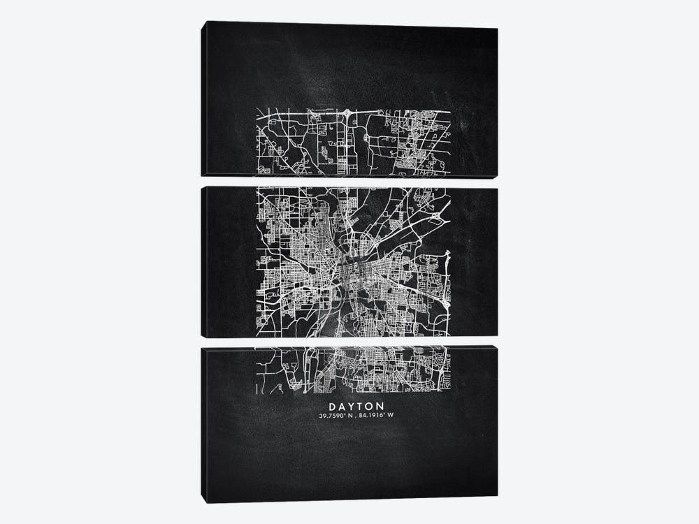 Dayton City Map Chalkboard Style by WallDecorAddict 3-piece Canvas Art Print