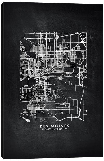 Des Moines City Map Chalkboard Style Canvas Art Print - Iowa Art