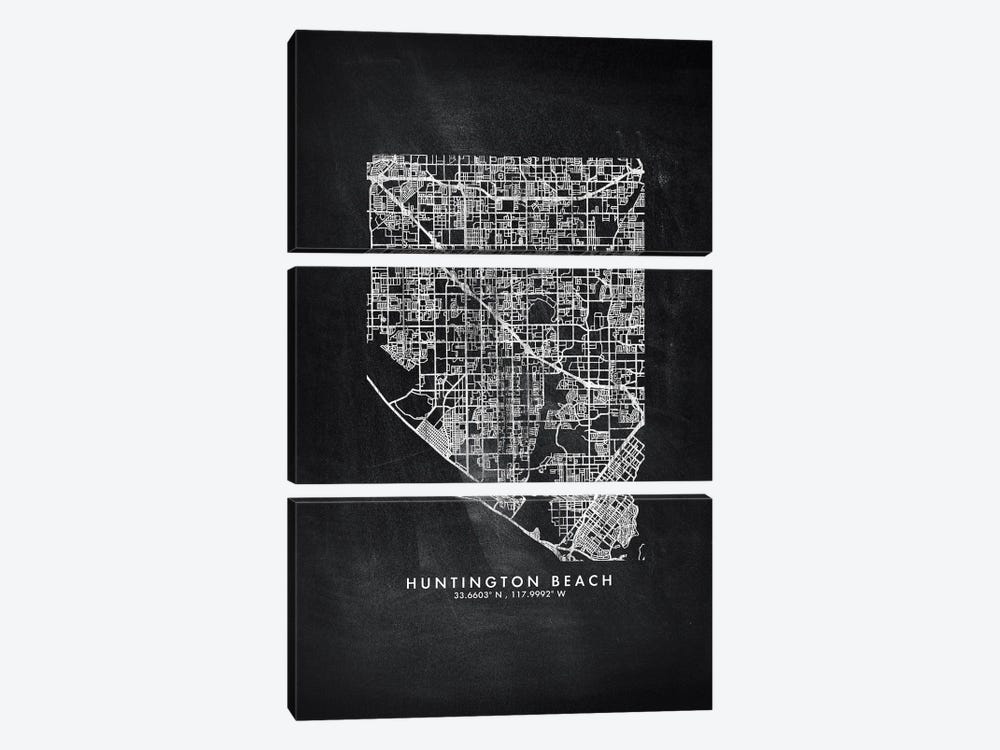 Huntington Beach City Map Chalkboard Style by WallDecorAddict 3-piece Canvas Artwork