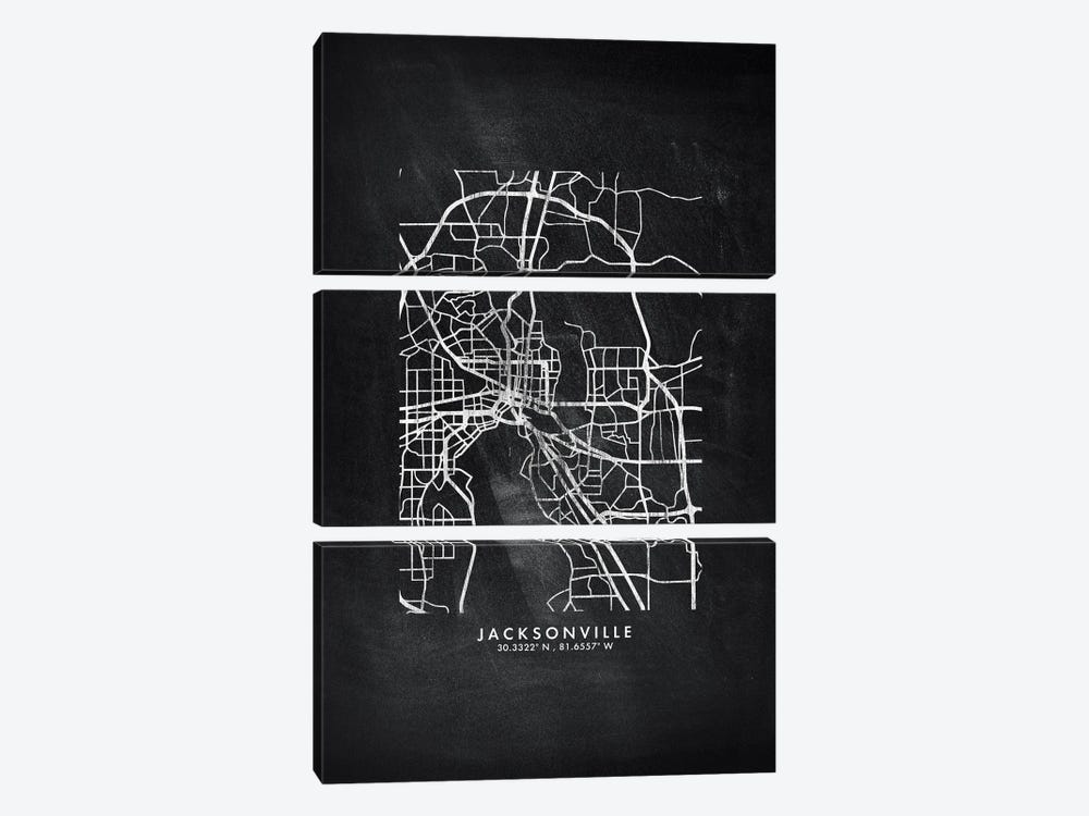 Jacksonville City Map Chalkboard Style by WallDecorAddict 3-piece Canvas Print