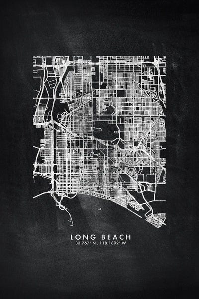 Long Beach City Map Chalkboard Style by WallDecorAddict framed canvas print